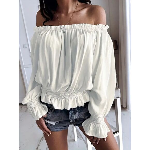 Tops - Off Shoulder Ruffle Trim Blouse, Casual Long Sleeve Blouse XXL 14 White